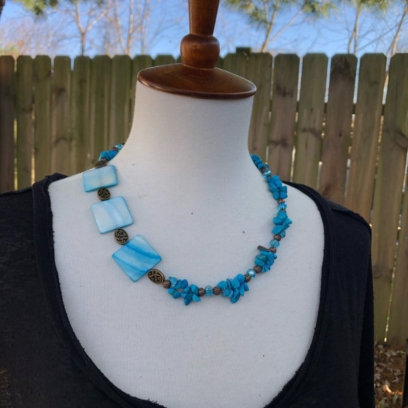 Turquoise stone necklaceblue pearls mother shell asymmetrical necklace square - Picture 10 of 12